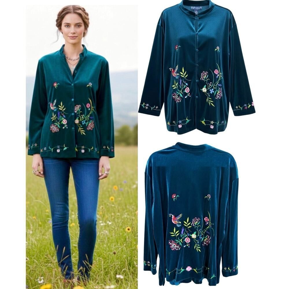 Susan Graver Emerald Green Velvet Embroidered Jacket Button Front Top Boho SZ 2X